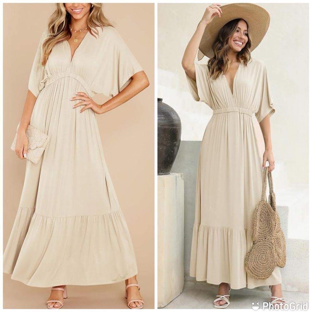 NWT Boho V Neck Short Sleeve Batwing Style Casual Loose High Waist Beach Dress